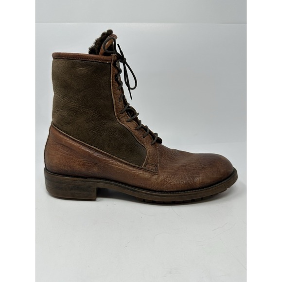 Bergdorf Goodman Ankle Boots Men's 9 Brown Leather Faux Fur Lined Lace Up - Picture 2 of 11